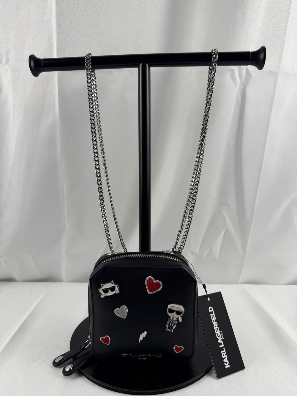 Karl Lagerfeld Paris Black Mini Crossbody Bag K/Ikonik Pins Chain Strap NWT